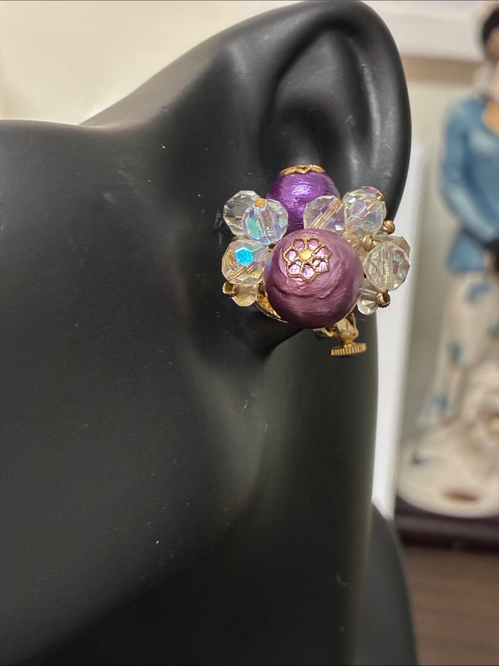 Vendome 1960s Purple Bead and Crystal Cluster Clip-On Earrings